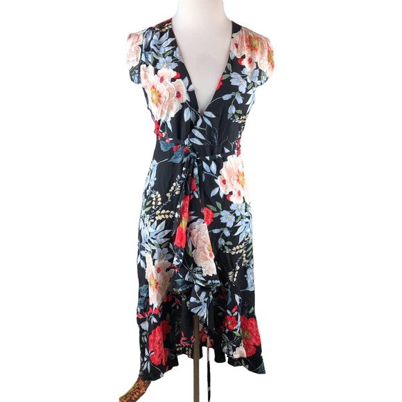 Yumi Kim Anthropologie Silk Floral Mini Wrap Santorini Dress Black Multi Size S - Picture 9 of 12